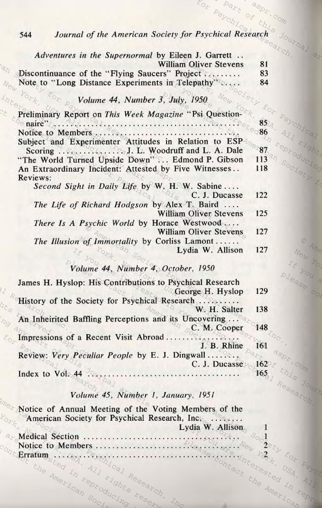 Centennial Compilation of the contents of the Proceedings and the Journal of the American Society for Psychical Research 1885-1984, page 153 of 236