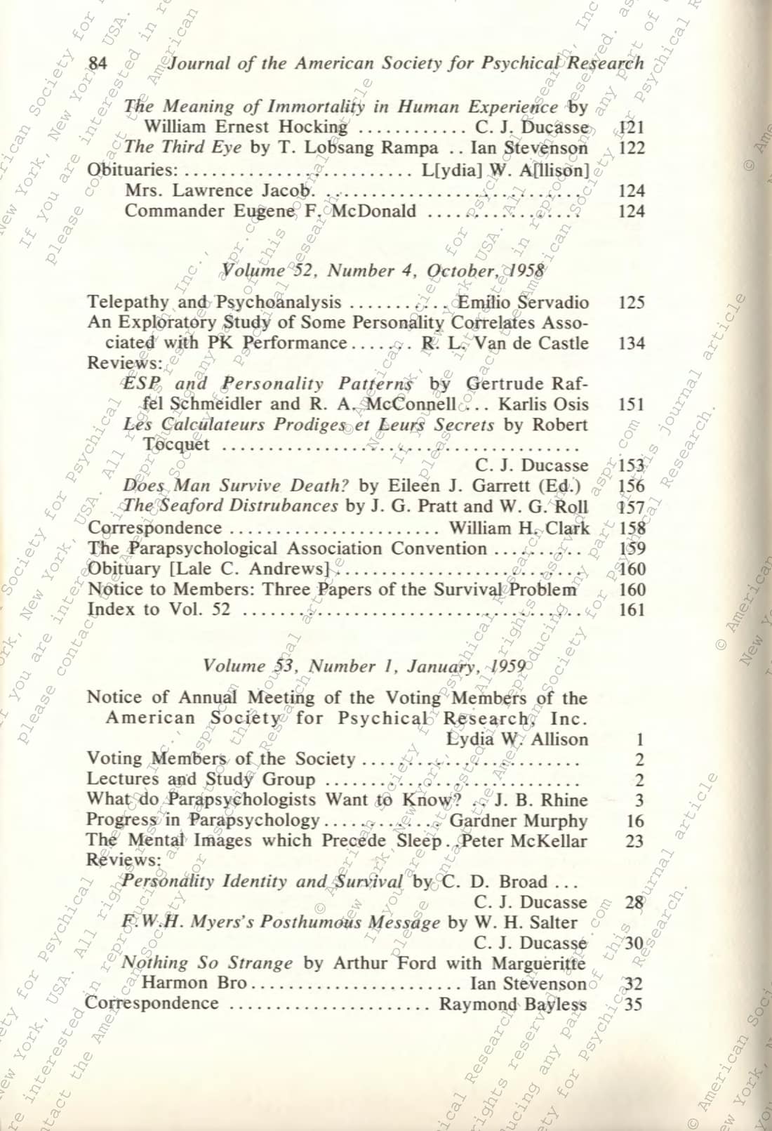 Centennial Compilation of the contents of the Proceedings and the Journal of the American Society for Psychical Research 1885-1984, page 167 of 236