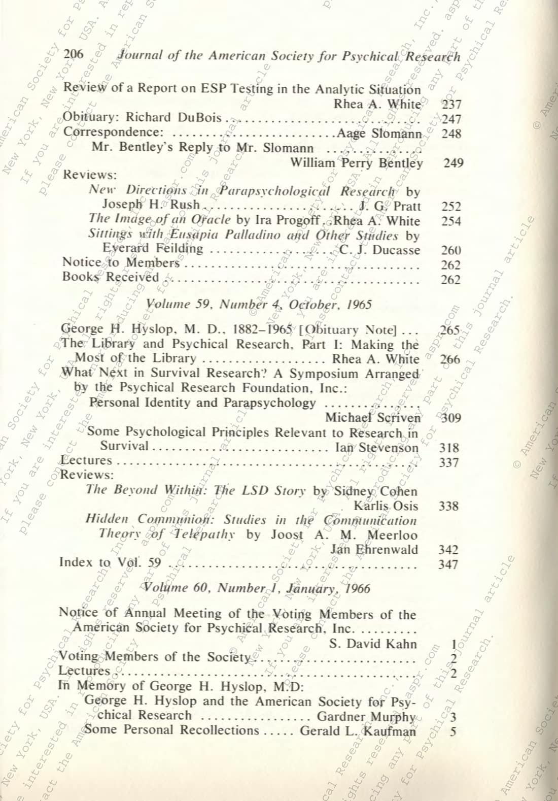 Centennial Compilation of the contents of the Proceedings and the Journal of the American Society for Psychical Research 1885-1984, page 182 of 236