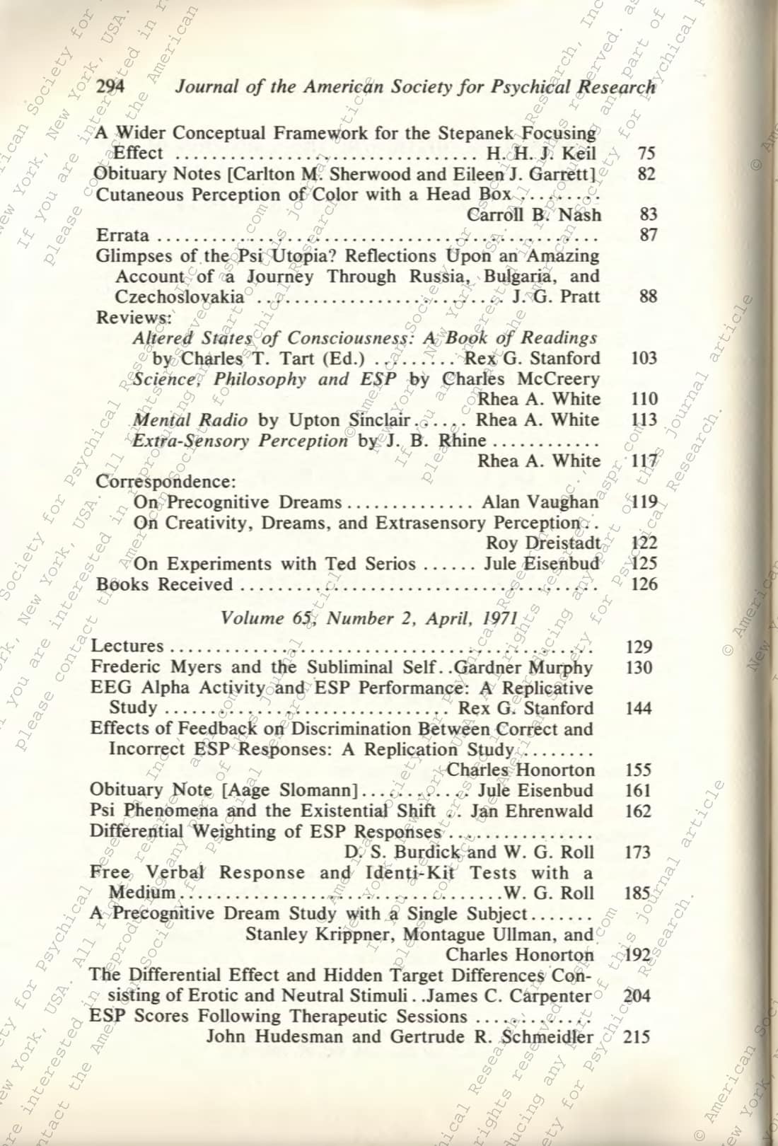 Centennial Compilation of the contents of the Proceedings and the Journal of the American Society for Psychical Research 1885-1984, page 198 of 236