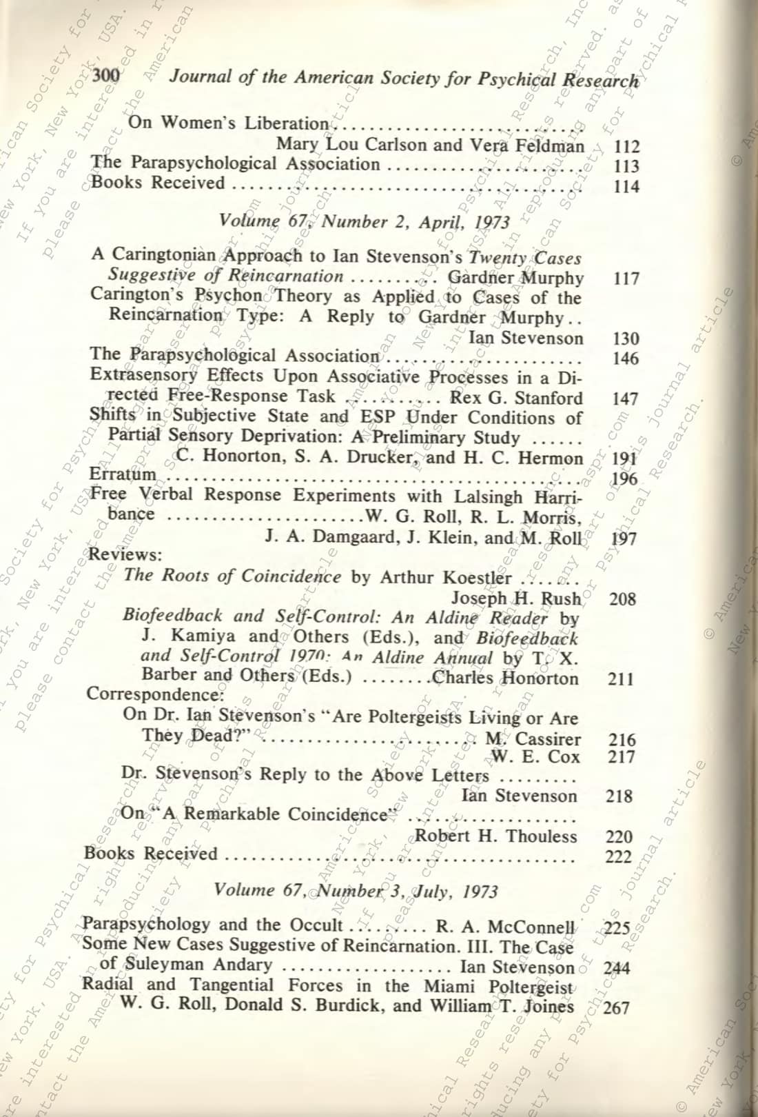 Centennial Compilation of the contents of the Proceedings and the Journal of the American Society for Psychical Research 1885-1984, page 204 of 236