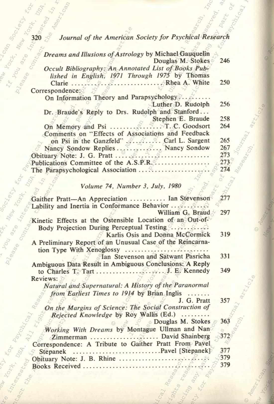 Centennial Compilation of the contents of the Proceedings and the Journal of the American Society for Psychical Research 1885-1984, page 224 of 236
